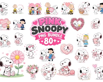 May include: A digital collection of over 80 Snoopy and Peanuts character illustrations featuring pink accents, hearts, and flowers. The central text reads PINK SNOOPY PNG BUNDLE 80+. The graphics depict various scenes of friendship and affection.