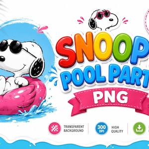 May include: A digital graphic featuring Snoopy wearing black sunglasses while floating in a pink flamingo pool ring. The text reads SNOOPY POOL PARTY PNG with a 45+ PNG FILES badge. The design includes blue water splashes and a white background.