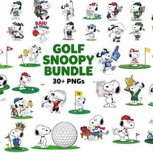 May include: A digital collection of over 30 Snoopy illustrations featuring the character in various golf-themed poses, including holding clubs, driving golf carts, and celebrating with trophies, with the text GOLF SNOOPY BUNDLE 30+ PNGS.