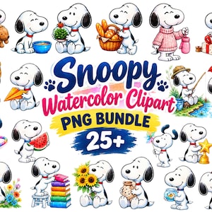Op de afbeelding: Een verzameling Snoopy aquarelillustraties met het personage in diverse activiteiten, waaronder het vasthouden van een teddybeer, een mand met brood, een cadeau, een watermeloen, een ster en een hart, met de tekst Snoopy Watercolor Clipart PNG BUNDLE 25+.