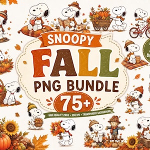 May include: A digital collection of Snoopy fall-themed illustrations featuring the character in various autumn settings with pumpkins, leaves, and seasonal items. The central text reads SNOOPY FALL PNG BUNDLE 75+ DESIGNS, showcasing a variety of graphics.