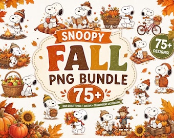 Pode incluir: Uma coleção digital de ilustrações do Snoopy com tema de outono, mostrando o personagem em vários cenários sazonais com abóboras e folhas. O texto central diz SNOOPY FALL PNG BUNDLE 75+ DESIGNS, exibindo uma variedade de designs gráficos.