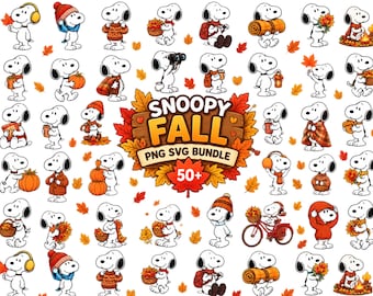 Pode incluir: Uma coleção digital de mais de 50 ilustrações do Snoopy com temas de outono, incluindo o Snoopy com abóboras, folhas de outono, cachecóis, gorros e equipamento de campismo. O gráfico central apresenta o texto SNOOPY FALL PNG SVG BUNDLE 50+.