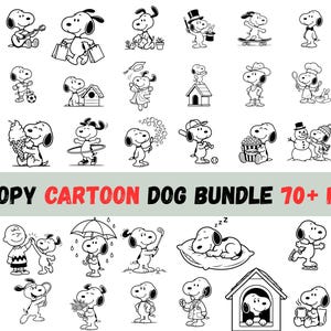 Puede incluir: Una colección digital de más de 70 ilustraciones en blanco y negro que muestran al perro de dibujos animados Snoopy en diversas actividades, atuendos y poses. El texto SNOOPY CARTOON DOG BUNDLE 70+ PNGS aparece en letras negras y rojas.