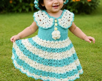 Completo per neonata fatto a mano all'uncinetto composto da vestitino e cappellino, color verde acqua e avorio / 12-18 mesi / Regalo per baby shower