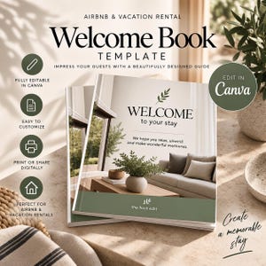 Op de afbeelding: Een welkomstboek-sjabloon voor Airbnb en vakantiewoningen met op de cover de tekst Welcome to your stay, We hope you relax, unwind and make wonderful memories, en the host edit. Het ontwerp bevat een groene accentbalk en een planticoon.