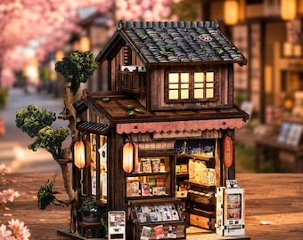 DIY Miniature House Kit, Japanese General Store Wooden Puzzle with LED Light, Tiny Shop Dollhouse, Bookshelf Decor, Adult Gift