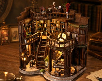 DIY Miniature Library Kit, 3D Wooden Puzzle House with Touch LED, Book Nook Decor, Adult Craft Kit, Book Lover Gift