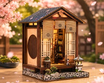 Japanisches Miniatur-Teehaus-Set zum Selberbauen, 3D-Holzpuzzle mit warmem LED-Licht, Zen-Garten-Puppenhaus, Bücherregal-Dekoration, Geschenk für Erwachsene
