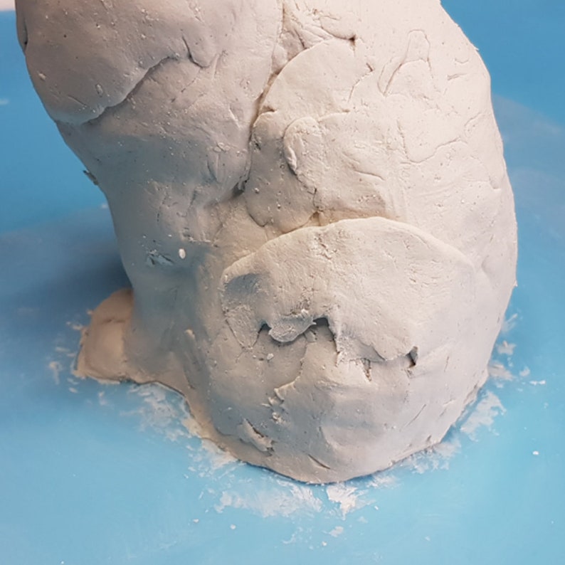 Peut inclure: Gros plan sur une sculpture en argile blanche d'un lapin, montrant les d&eacute;tails textur&eacute;s de la fourrure. La sculpture est pos&eacute;e sur une surface bleue.