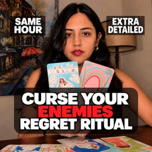 Könnte beinhalten: Zwei rechteckige Tarotkarten mit farbenfrohen Illustrationen, eine zeigt eine Person in einem Raum mit Regalen, die andere einen Regenbogen. Der Text SAME HOUR und EXTRA DETAILED steht oben, mit CURSE YOUR ENEMIES REGRET RITUAL darunter.