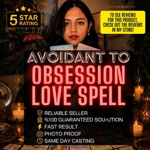 Puede incluir: Un gráfico digital con el texto AVOIDANT TO OBSESSION LOVE SPELL en letras rojas en negrita. La imagen incluye iconos para un vendedor fiable, solución garantizada, resultados rápidos, prueba fotográfica y lanzamiento el mismo día.