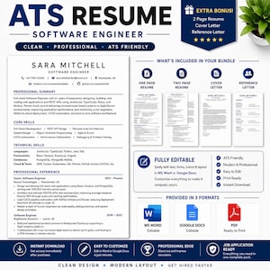 May include: A digital resume template bundle for a software engineer, featuring a clean white layout with black text. Includes a one-page resume, two-page resume, cover letter, and reference letter, all editable in MS Word, Google Docs, and PDF formats.