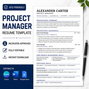 ATS-Friendly Project Manager Resume Template – Modern Professional CV, Editable in Canva, Word & Google Docs