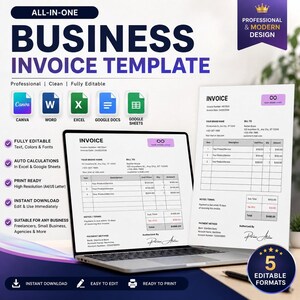 May include: An all-in-one business invoice template displayed on a laptop screen and a printed sheet. The document features sections for invoice number, date, billing details, itemized product services, subtotal, tax, and total payment calculations.