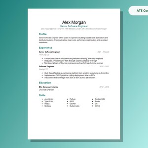 Software Engineer Resume Template: Editable Microsoft Word CV, Teal Classic Design, ATS-Friendly