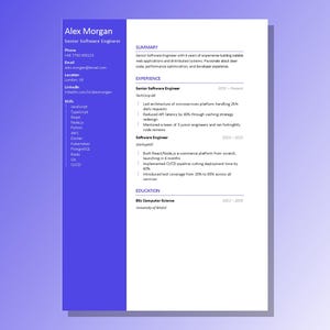 May include: A professional resume document for Alex Morgan, a Senior Software Engineer. The layout features a vertical blue sidebar on the left containing contact details, location, and a list of technical skills, with white text on a blue background.