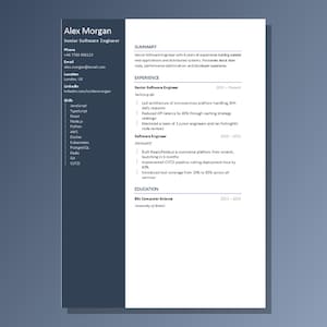 May include: A professional resume document for Alex Morgan, a Senior Software Engineer. The layout features a dark blue sidebar with contact details and technical skills, and a white main section detailing professional experience and education.