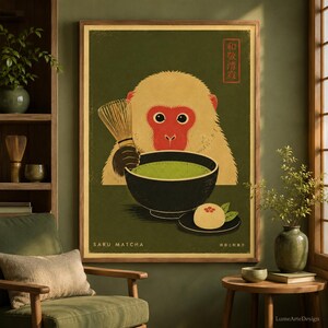 Japanese Monkey Matcha Print, Vintage Japan Wall Art, Green Kitchen Decor, Matcha Lover Gift, Printable Wall Art