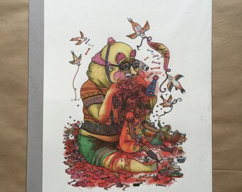 Lord Braineater - Impresión Giclée A3, dibujo, humor negro, muerte, ingenuo, outsider, visionario, folk.