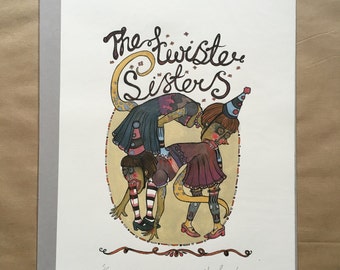 Twister Sisters - Impresión Giclée A3, dibujo, humor negro, muerte, ingenuo, outsider, visionario, folk.