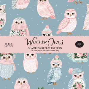 Cozy Festive Owls Seamless Pattern Digital Download -  Christmas Winter Birds Print for Fabric, Paper Crafts, Gift Wrap - Commercial Use