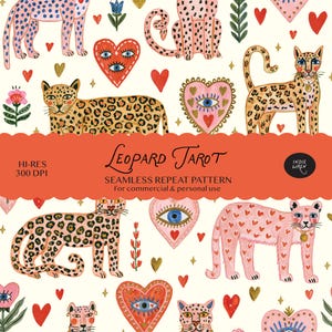 May include: A seamless repeat pattern featuring illustrated leopards, hearts with eyes, and small stars on a cream background. A large orange banner across the center displays the text: Leopard Tarot, SEAMLESS REPEAT PATTERN, HI-RES 300 DPI.
