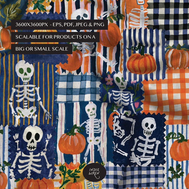 A spooky-cute repeat pattern full of painted style fabric swatches in a patchwork quilted pattern, that is perfect for adding a touch of magic to your autumn projects.

Created in the Indie Wren Studio and turned into a seamless pattern ready to drop straight into fabric, packaging, prints, or personal keepsakes.