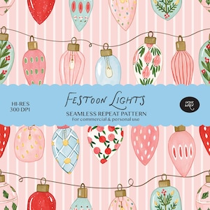 May include: A seamless repeat pattern featuring various light bulb shapes hanging from dark brown wires against a light pink striped background. The bulbs display diverse designs including red, pink, and blue colors with floral, dot, and grid motifs.
