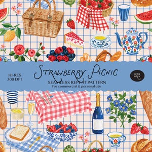 Patrón sin costuras Strawberry Picnic - Estampado de frutas de primavera y verano a cuadros estilo preppy en azul y rosa para tela, manualidades y papel digital.