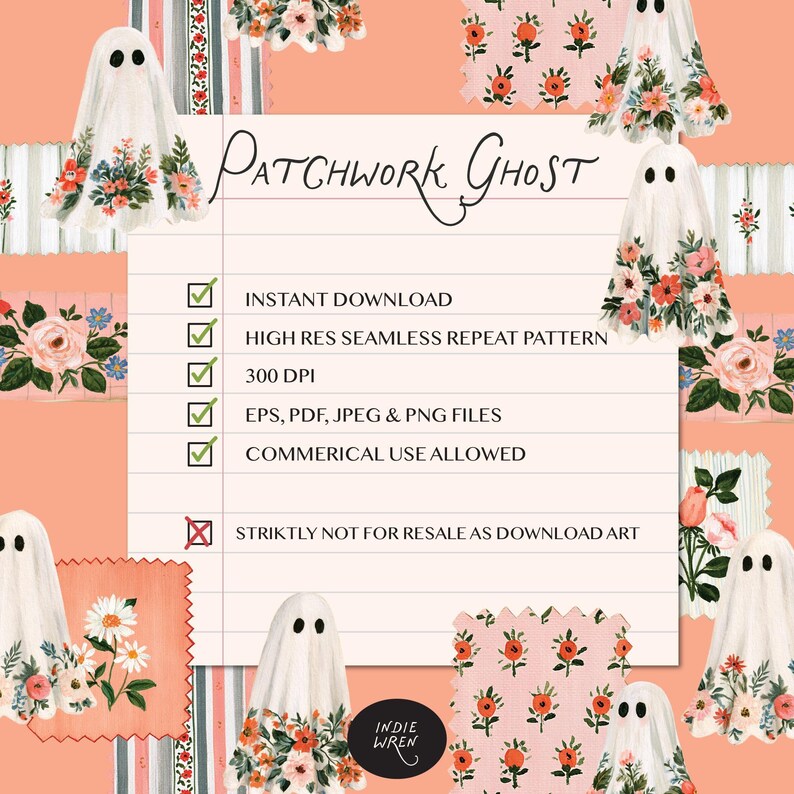 A peachy vintage repeat pattern full of painted style fabric swatches and meadow floral ghosts that is perfect for adding a touch of magic to your autumn projects.

Created in the Indie Wren Studio and turned into a seamless pattern ready to drop straight into fabric, packaging, prints, or personal keepsakes.