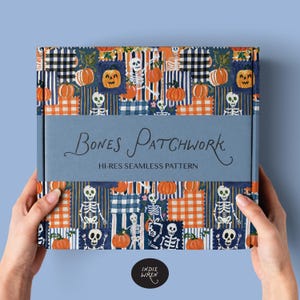 A spooky-cute repeat pattern full of painted style fabric swatches in a patchwork quilted pattern, that is perfect for adding a touch of magic to your autumn projects.

Created in the Indie Wren Studio and turned into a seamless pattern ready to drop straight into fabric, packaging, prints, or personal keepsakes.