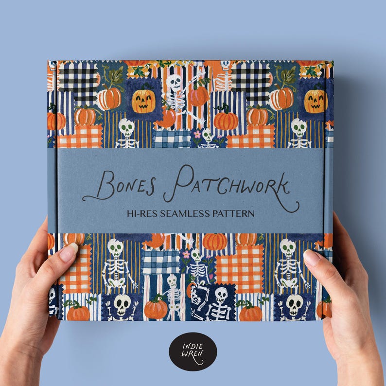 A spooky-cute repeat pattern full of painted style fabric swatches in a patchwork quilted pattern, that is perfect for adding a touch of magic to your autumn projects.

Created in the Indie Wren Studio and turned into a seamless pattern ready to drop straight into fabric, packaging, prints, or personal keepsakes.