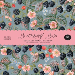 Patrón sin costuras de arbusto de moras - Estampado botánico preppy de seto frutal británico para tela, manualidades y papel digital.