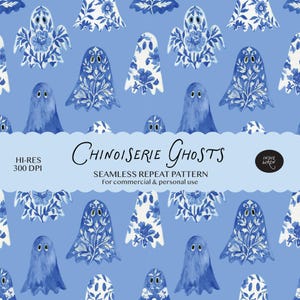 Chinoiserie Ghosts Seamless Pattern, Spooky Cute Ghosts Delicate Repeat Print | Printable for Fabric & Fall Products