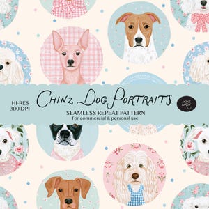 Vintage Dog Portrait Seamless Pattern | Painted Chintz Dog Faces Repeat Print Design | Digital for Fabric, Packaging and Pet Accessories
