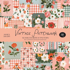 Patrón sin costuras de patchwork floral vintage, descarga instantánea, estampado repetitivo de cuadros vichy color melocotón pintado para tela, embalaje y papel digital.