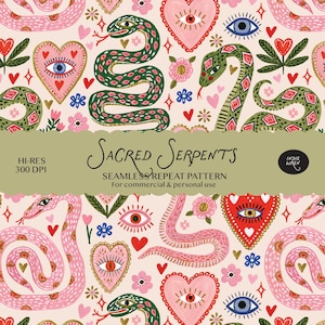 May include: A seamless repeat pattern featuring green and pink snakes, hearts with eyes, and small flowers on a light pink background. The text reads Sacred Serpents, Hi-Res 300 DPI, Seamless Repeat Pattern, For commercial & personal use, Indie Wren.