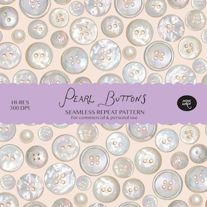Puede incluir: Un patrón de repetición sin costuras de botones de nácar blanco iridiscente sobre un fondo rosa claro. Una banda horizontal de color lavanda en el centro muestra el texto Pearl Buttons, HI-RES 300 DPI, SEAMLESS REPEAT PATTERN e Indie Wren.