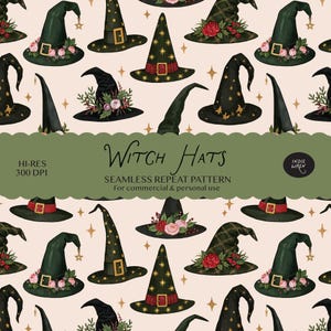 May include: A seamless repeat pattern featuring various witch hats on a light pink background. The hats are decorated with gold stars, red and pink roses, green foliage, and buckles. Text reads Witch Hats, HI-RES 300 DPI, and Indie Wren.
