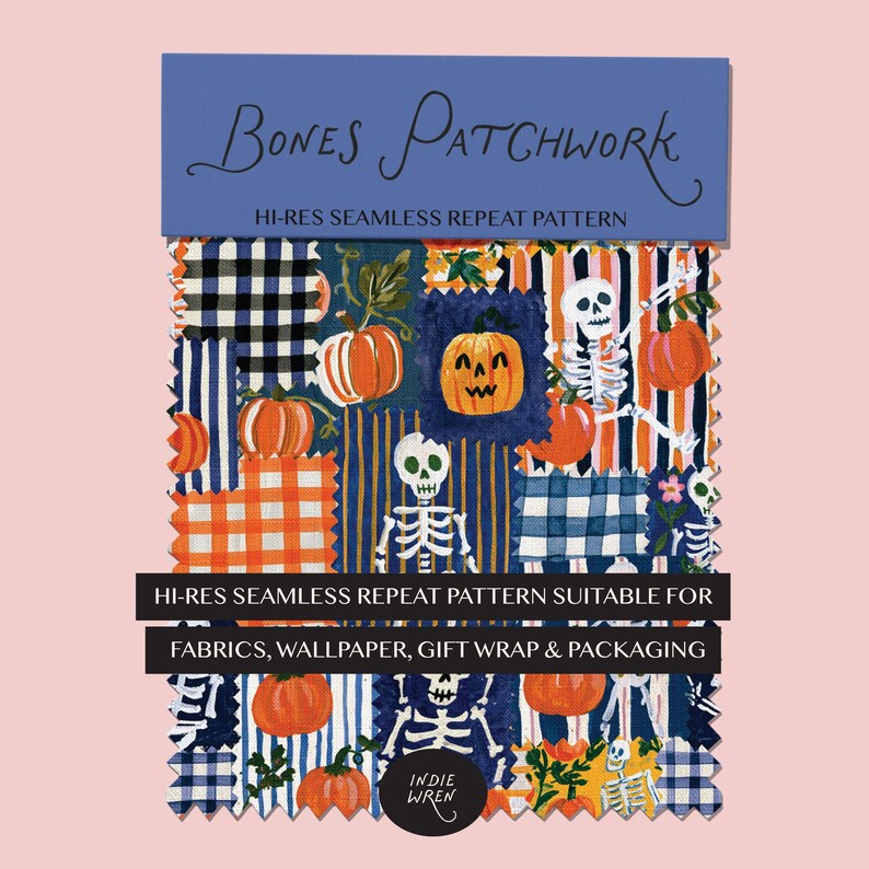 A spooky-cute repeat pattern full of painted style fabric swatches in a patchwork quilted pattern, that is perfect for adding a touch of magic to your autumn projects.

Created in the Indie Wren Studio and turned into a seamless pattern ready to drop straight into fabric, packaging, prints, or personal keepsakes.