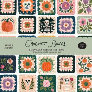Crochet Granny Squares Spooky Patchwork Pattern Digital Download -  Halloween Skeleton Quilt Pumpkins Print for Fabric,Crafts, Digital Paper