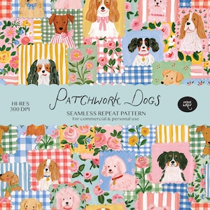 Puede incluir: Un patrón de repetición sin costuras titulado Patchwork Dogs que presenta varias razas de perros, incluidos caniches y spaniels, intercalados con motivos florales y fondos a cuadros o rayas en tonos rosa, azul, amarillo y verde.