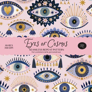 Puede incluir: Un patrón de repetición sin costuras con varias ilustraciones de ojos estilizados en tonos azul marino, azul claro y dorado sobre un fondo rosa pálido. El texto dice EYES OF COSMOS, HI-RES 300 DPI, SEAMLESS REPEAT PATTERN e INDIE WREN.