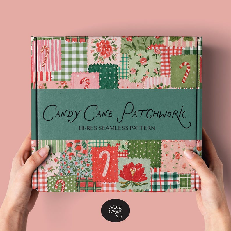 A festive treat repeat pattern full of painted style fabric swatches in a patchwork quilted pattern featuring candy canes, gingham and stripes that is perfect for adding a touch of magic to your Christmas projects.

Created in the Indie Wren Studio and turned into a seamless pattern ready to drop straight into fabric, packaging, prints, or personal keepsakes.