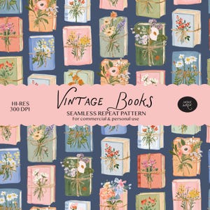May include: A seamless repeat pattern featuring illustrations of books tied with twine and topped with various colorful floral bouquets against a dark blue background. A pink banner across the center displays the text Vintage Books.