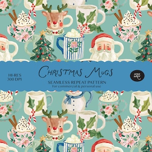 Seamless Retro Christmas Mugs Pattern Digital Download -  Festive Latte Hot Chocolate Print for Fabric, Crafts and Digital Paper