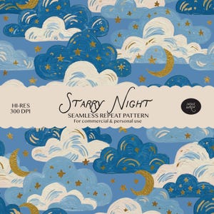 Starry Night Seamless Pattern -  Whimsical Clouds Moon Stars Celestial Repeat Print, Fabric DIY Halloween, Crafts & Digital Scrapbook Paper