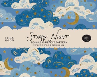 Starry Night Seamless Pattern -  Whimsical Clouds Moon Stars Celestial Repeat Print, Fabric DIY Halloween, Crafts & Digital Scrapbook Paper