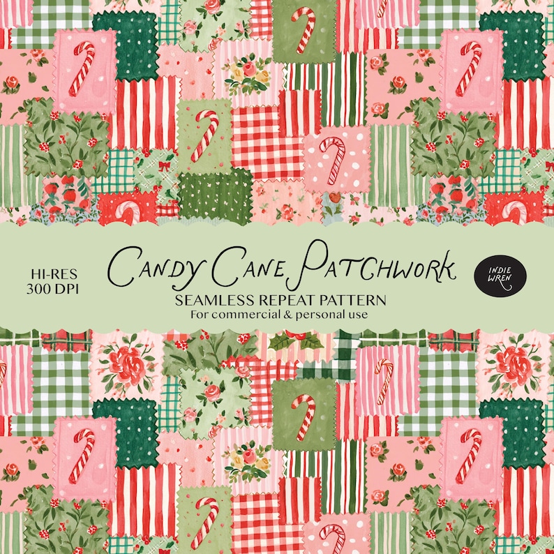 A festive treat repeat pattern full of painted style fabric swatches in a patchwork quilted pattern featuring candy canes, gingham and stripes that is perfect for adding a touch of magic to your Christmas projects.

Created in the Indie Wren Studio and turned into a seamless pattern ready to drop straight into fabric, packaging, prints, or personal keepsakes.